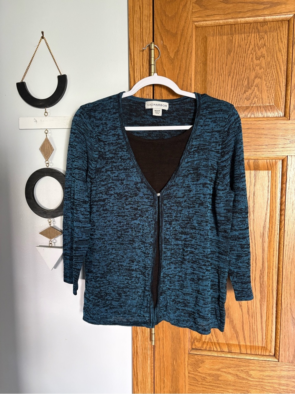 Sag Harbor Teal and Black Marled Cardigan with Front Clasp